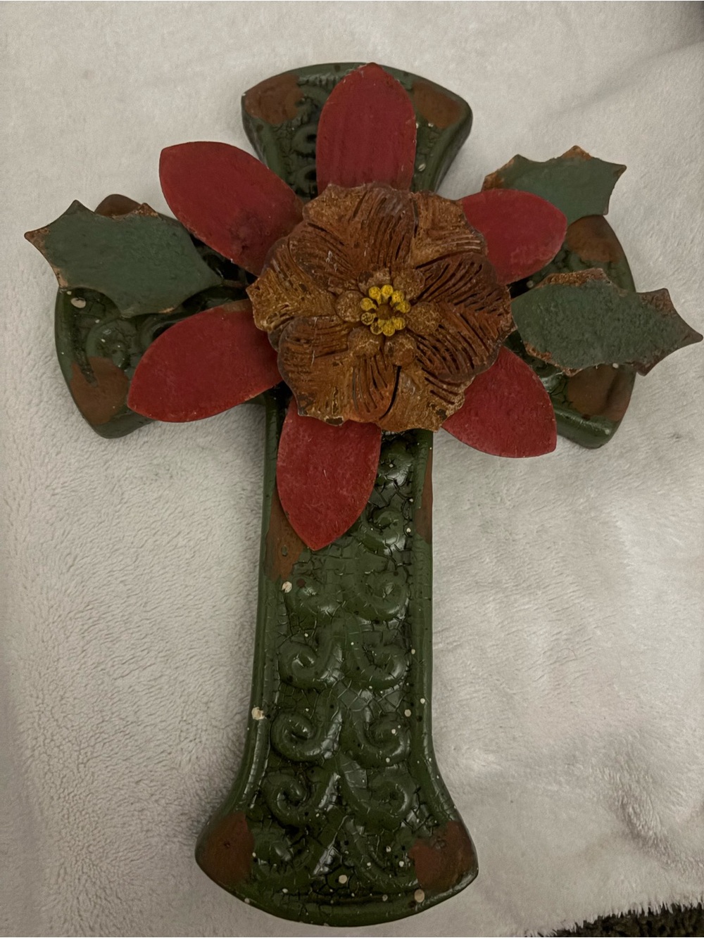 Decorative Green Cross Wall Accent with Red Poinsettia Flower